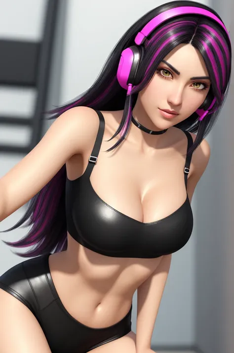 black-haired gamer girl with pink streaks leaning into the camera, photo from front above, black crop top with thin straps, large leather gamer headphones, large breasts, skintight black top:1.2, cleavage, looking at viewer, soft colors, cinematic lighting...