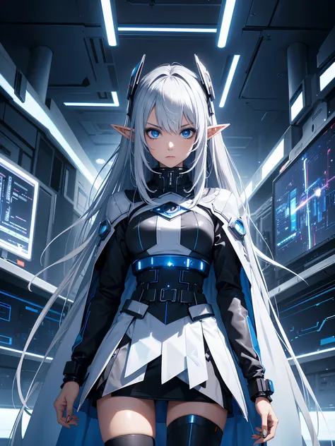 cyber punk, masterpeace, ultra detail, most of the screen is geminid meteor shower, a young elf with long silver hair and pointy...