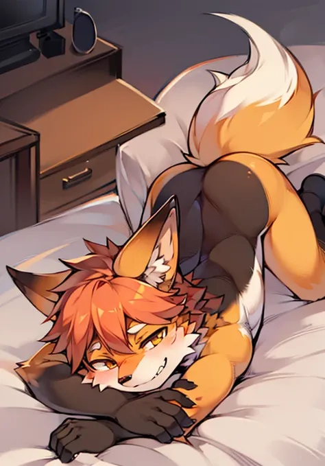 On the bed full body fur orange fox Shota smirk