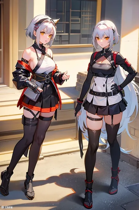 silver haired fox girl, with 2 tails, ninja, short skirt halter top black, armor forearm guards, thigh straps, belts with pouches, ninjato attached to center back at hipline.