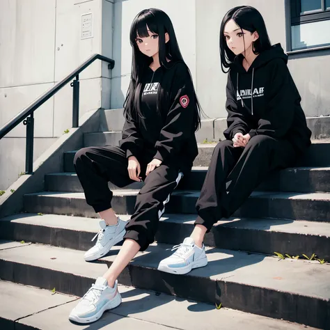 Two beautiful cute girls, long black hair, black hoodie, trousers, sneakers, decent, sit, stairs