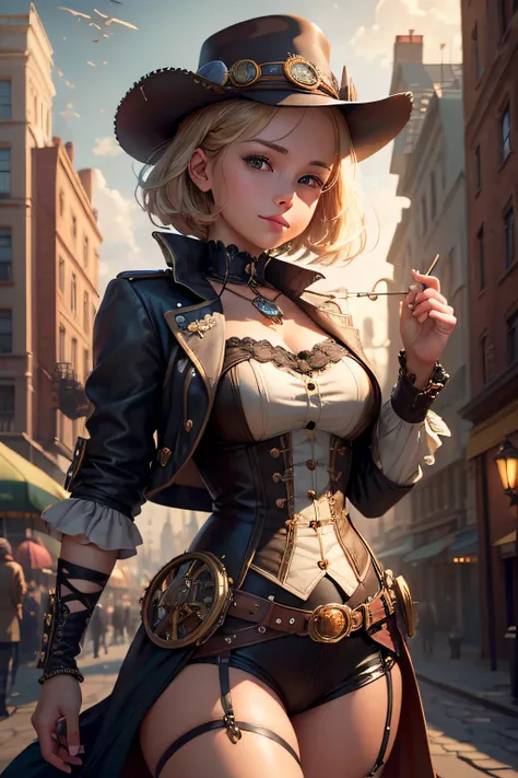 Create an illustration depicting a little girl overlooking a steampunk cityscape. The girl has dark skin, short blonde hair and shiny blue eyes. The girl should be standing in a vantage point, Rooftops, bridges, etc., Look down on the intricately designed ...