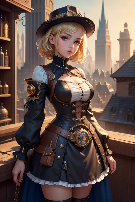 Create an illustration depicting a little girl overlooking a steampunk cityscape. The girl has dark skin, short blonde hair and shiny blue eyes. The girl should be standing in a vantage point, Rooftops, bridges, etc., Look down on the intricately designed ...