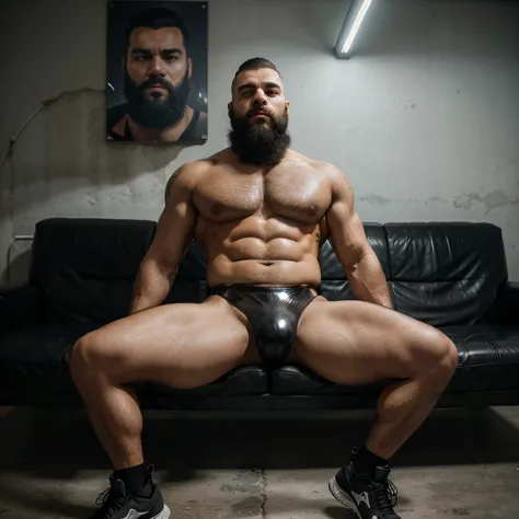 view complete du corps d&#39;A bodybuilder Barbu torse now sits on a canapé in black leather, legs apart, one piece comes out in béton, White neon lights, grande barbe black and épaisse, shaved head, slip serré en latex noir brilliant and lisse , bombement...