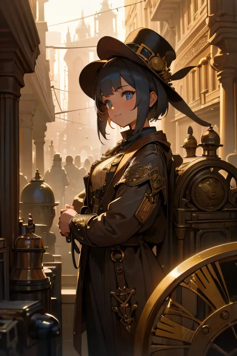 Create an illustration depicting a little girl overlooking a steampunk cityscape. The girl has black skin, short blonde hair and shiny blue eyes. The girl should be standing in a vantage point, Rooftops, bridges, etc., Look down on the intricately designed...