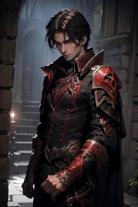 Un dhampir blood hunter homme solennel se tient prêt pour la chasse nocturne. Imaginez un personnage avec des traits vampiriques distincts, vêtu dune armure sombre noir et rouge tenant deux épées rouges sang