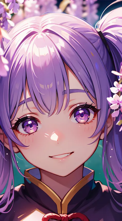 1girl, twin tail hair, shining eyes, smiling, chinese dress, (night), wisteria flowers, 8K, warm lighting, perfect clothes, perfect anatomy, perfect eyes, perfect face, sharp resolution, (face closeup)