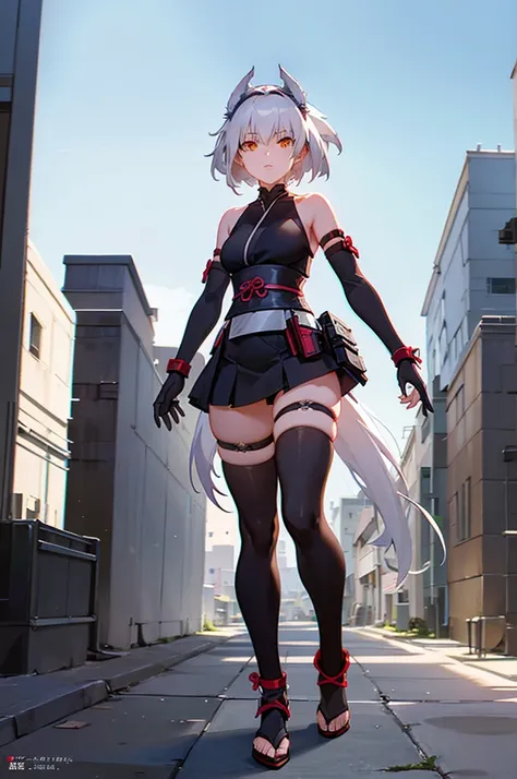 silver haired fox girl, with 2 tails, ninja, sexy, character art design sheet, short skirt halter top black, armor forearm guards, thigh straps, belts with pouches, ninjato attached to center back at hipline.