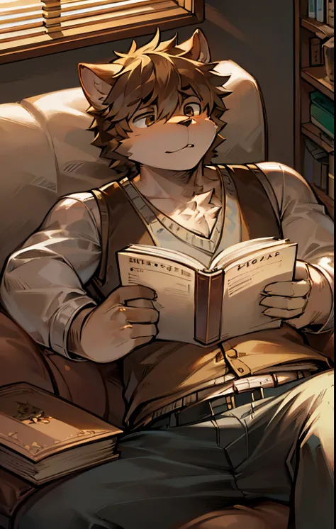 shaggy、male people、Ultra-clear 4K fanart、shaggy、Siamese cat、Brown plaid vest、grey shirt、light colors hair、taupe pants、Lying on the sofa and reading a book、