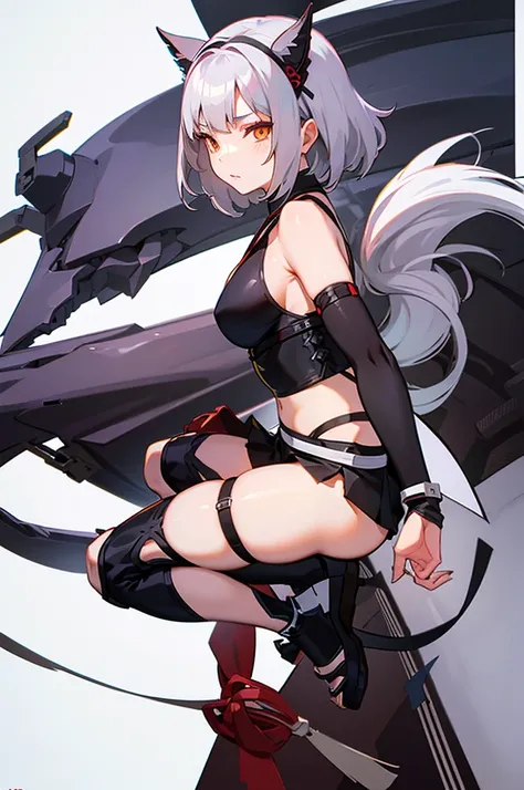 silver haired fox girl, with 2 tails, ninja, sexy, character art design sheet, short skirt halter top black, armor forearm guards, thigh straps, belts with pouches, ninjato attached to center back at hipline. SEXIER!!!!