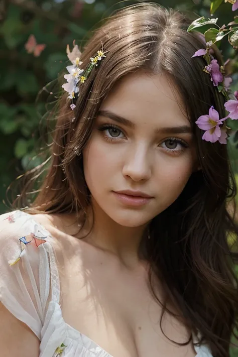 A girl in a garden,beautiful detailed eyes,beautiful detailed lips,extremely detailed eyes and face,longeyelashes,photorealistic,maxi dress,flowers,trees,butterflies,colorful,dreamy lighting