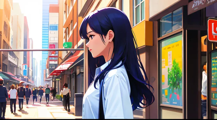 girl walking side profile white shirt downtown city view street view crowded sunny day vibrant blue tinted colors