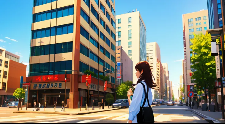 girl walking side profile white shirt downtown city view street view crowded sunny day vibrant blue tinted colors