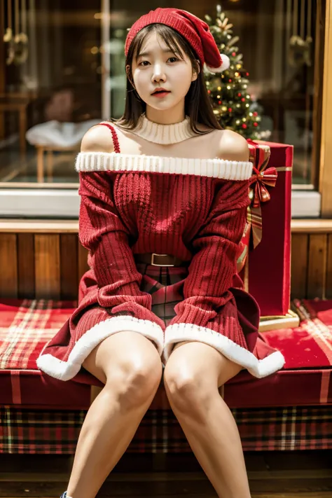 (masterpiece), (best quality), 1girl, perfect body, Xmas hat, Xmas tree, red sweater, Christmas sweater, oversized sweater, checked skirt, bare legs, bare shoulder, sexy