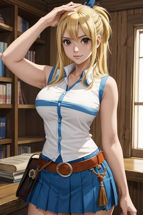 1girl, master part, best quality, altas, lucy heartfilia, blonde hair, cabelos longos, seios grandes, camisa branca, mangas, bel...