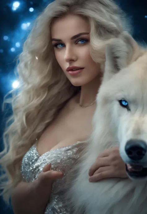 Mysticism, legend, White wolf and girl, ((White wolf and girl)), (huge wolf), (a huge white wolf guards a beautiful girl), motion, running, Running on the Milky Way, blue eyes, White wolf fur glows with silver sparks, (young girl, very young), (age16 years...