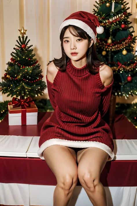 (tmasterpiece), (Best quality at best), 1个Giant Breast Girl, perfect bodies, santa hat, Christmas tree, red sweater, christmas sweater, Oversized sweater, Check skirt, Bare legged, Bare shoulders, sexy for