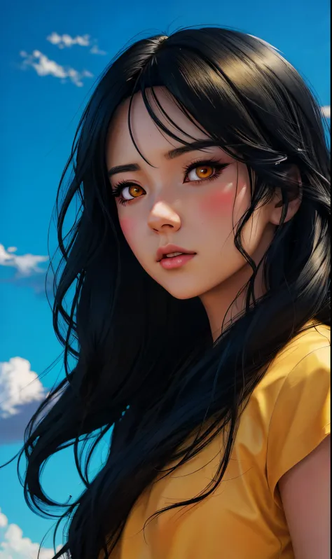 Anime girl with long black hair and a yellow shirt concerning the camera, Beau portrait d&#39;Anime, digital anime illustration, RossDrawsPortrait, beautiful digital illustration, RossDraws1. 0, artwork in the style of guweiz, Digital art Ilya Kuvshinov, s...