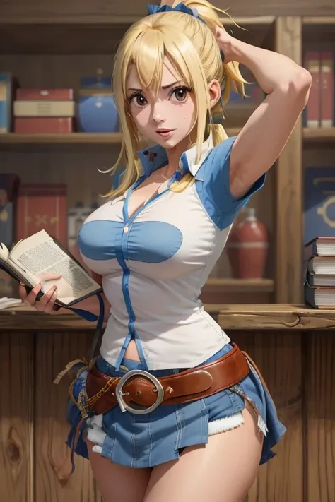 1girl, master part, best quality, altas, lucy heartfilia, blonde hair, cabelos longos, seios grandes, camisa branca, mangas, bel...