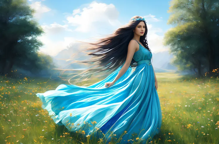 Arafed woman with long hair and blue dress in a field, gorgeous digital painting, beautiful digital painting, beautiful digital artwork, Stunning digital painting, beautiful fantasy art portrait, DeviantArt ArtStation CGSCOSIETY, stunning digital illustrat...