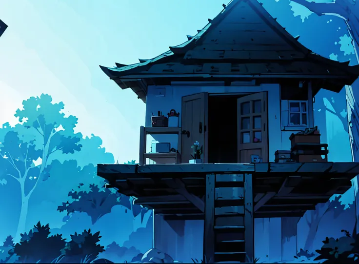 casa na arvore, house elevated off the ground on a tree trunk. detalhes intrincecos. fundo do anime