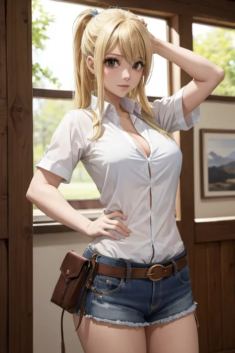 1girl, master part, pose de modelo sexy,best quality, Altas, Lucy Heartfilia, blonde hair, cabelos longos, seios grandes, camisa branca, Mangas, belt, saia azul, cowboy shot, Standing, Olhando para o Viewer, ao ar livre, Acenando, sorrir, boca aberta,