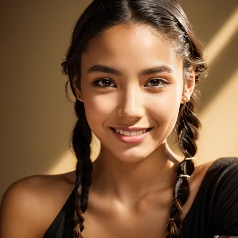 a 21 year old woman with a black shirt and a tied braid, uma garota africana com pele clara, [your face is a mixed race between Asian and African-American]::1, pele bonita, uma bela testa proeminente e redonda, vivid and very expressive black eyes, um leve...