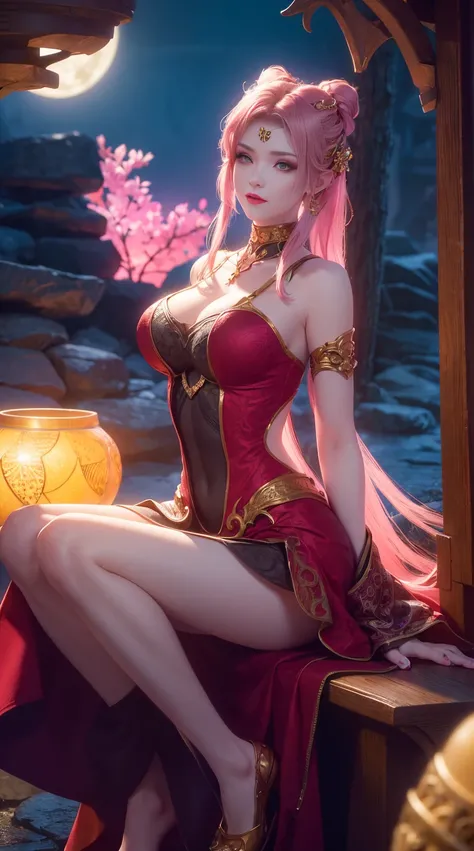 (best quality,8k restoration,wallpaper:1.2),ultra-detailed,(elaborate,meticulously designed:1.1) composition,immense numbers,gigantic bust,playful by a stream,bright moonlight,pink hair,ponytail,intimate lingerie,sexy dress