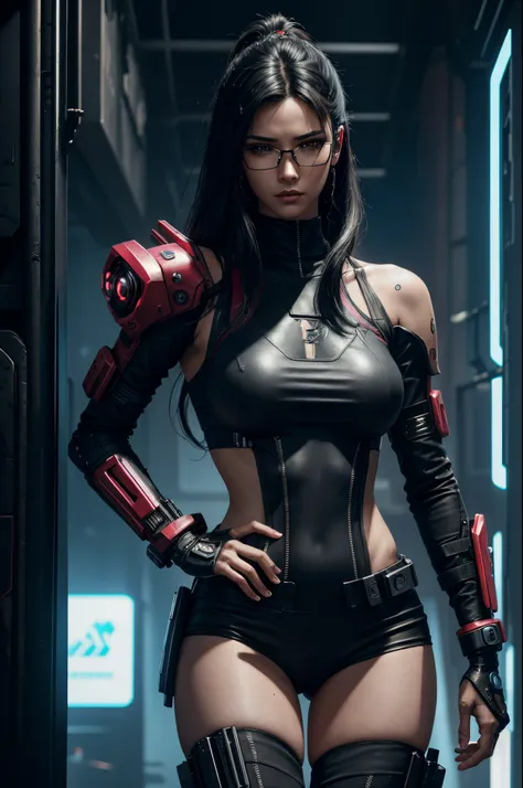 8K,cabelos preto e longos,A slender woman wearing red and black combat uniform is posing.,Super beauty(Like the real thing) very small tits cyberpunk, lean body muscles,real looking skin,Thin glasses,cabelos preto e longos,Black eyes,Female cyberpunk, Demo...