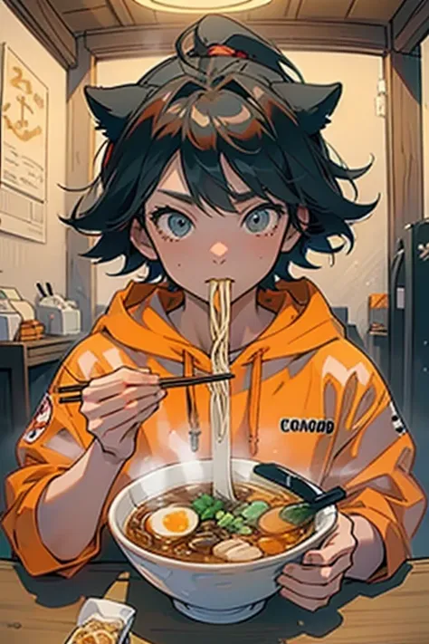 4k, high quality, boy eating ramen, perspective, hand holding chopsticks, clear hands, good hands,food hoodie,