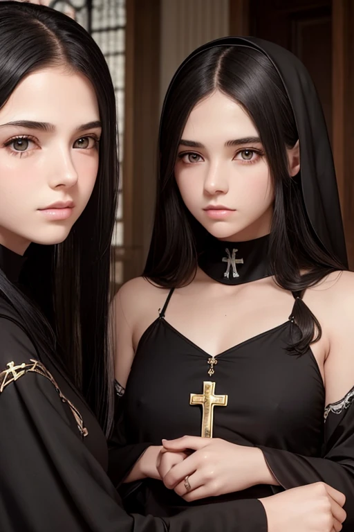 sisters of different ages, lesbians, nsfw one teenager young girl, sexy, small breast, detailed face, black hair, long hair, catholic, witches