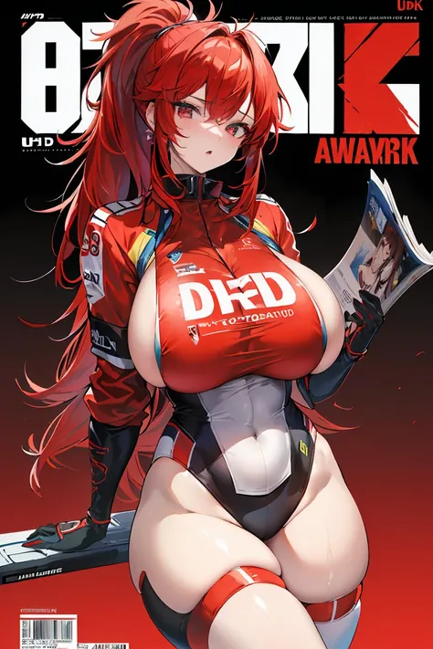 (sfw), high detail, ((anatomically correct)), ((UHD, retina, masterpiece, ccurate, 8k)), highres, high details, award winninng, ((messy hair, high ponytail)), (Red Hair with black highlight), (ponytail), (Huge Breast, Large Breast), (race outfit), ((magazi...