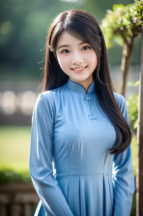 traditional clothes ,dark blue ao dai, ao dai, vietnamese girl, vietnam, vietnamese, satin, pretty girl, wide smile , long hair, Realistic lighting, delicate face, cute expression, Body perfect anatomy,Top Quality, 8K Resolution , full body , realistic , r...