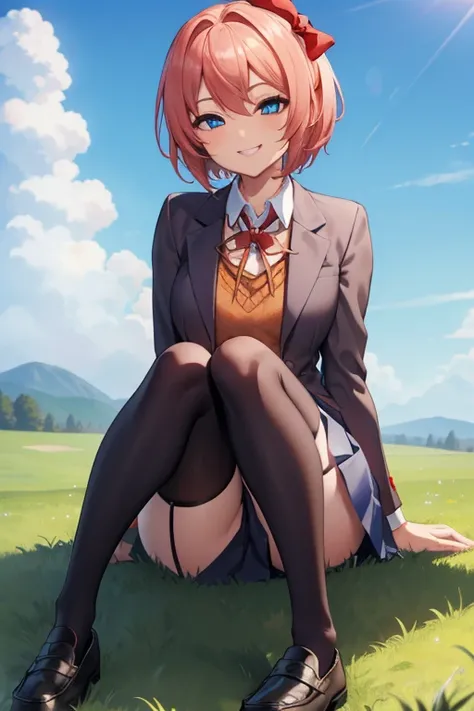 ddlcsayori, ddlcsayori, blue eyes, hair between eyes, hair bow, hair ornament, pink hair, ((red bow:1.4)), short hair,
BREAK blue skirt, pleated skirt, school uniform, skirt, brown jacket, jacket,
BREAK looking at viewer,
BREAK playground background, outdo...