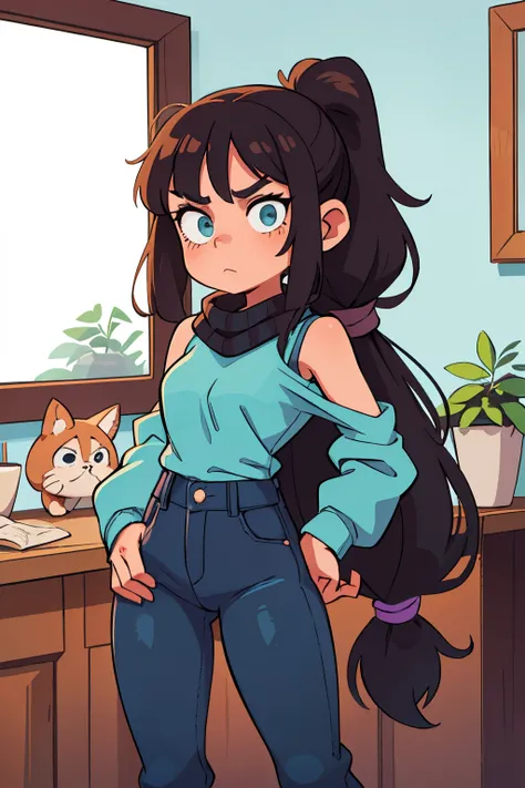 a 1girl, long brown hair tied in a ponytail with slightly frayed bangs,long-sleeve top light turquoise, light lilac scarf, Dark blue jeans, Black Strap, black sneakers, at home by the mirror,takes a photo