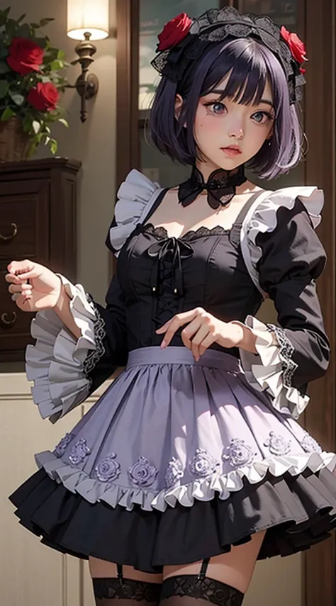 MarinLora, blush, short hair, black hair, hair ornament, thighhighs, long sleeves, dress, purple eyes, purple hair, flower, pantyhose, hairband, frills, hair flower, wide sleeves, apron, black dress, cosplay, rose, floral print, lace, lolita fashion, gothi...