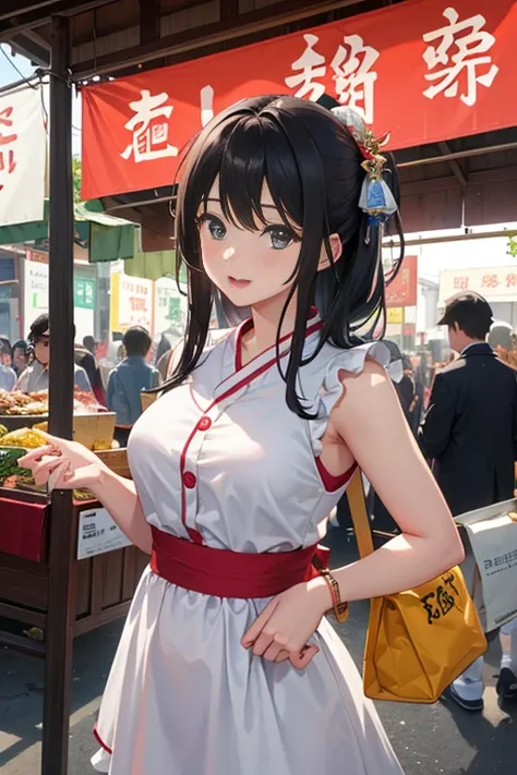 in a bustling market，People are walking bustling through，Various tables and tents are set up。The market is filled with animation atmosphere，It’s like blending into a jade camping world。In this corner of the market，There is a picture showing the characters ...