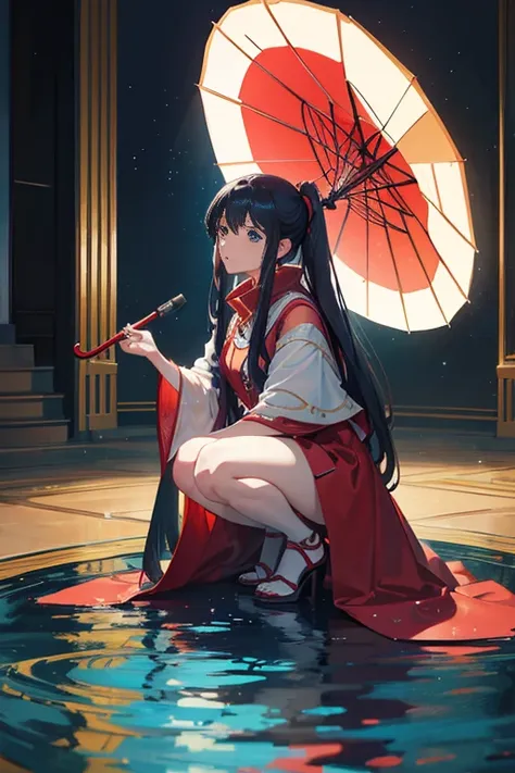 "A woman sitting in a lounge, holding a red umbrella, in the throne room, an anime girl squatting, anime scenery, kneeling on a shiny floor, in an animated film, a beautiful anime scene, in a masterpiece of anime, the 80s Boromirs anime world, anime screen...