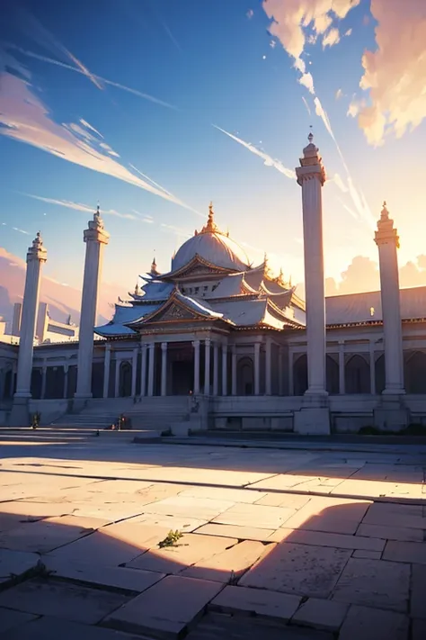 There is a huge white building，There is a large arch in the middle, palace background, anime scene, Anime background art, anime backgrounds, a temple background, screenshot from the anime film, Anime landscape concept art, arte de fundo, random background ...