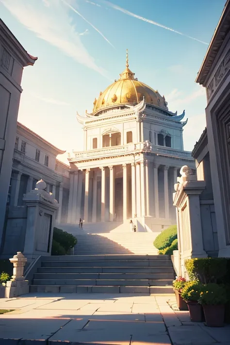 There is a huge white building，There is a large arch in the middle, palace background, anime scene, Anime background art, anime backgrounds, a temple background, screenshot from the anime film, Anime landscape concept art, arte de fundo, random background ...