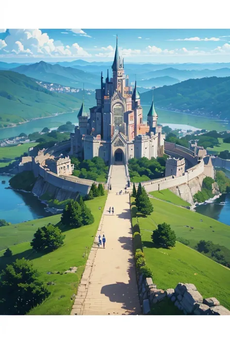 (best quality,highres,masterpiece:1.2),ultra-detailed,realistic,castle,fortress gateway,detailed palace background,anime-style scene,anime background art,birds-eye view,opening scene,anime background visual concept,anime background,in an animated movie,ani...