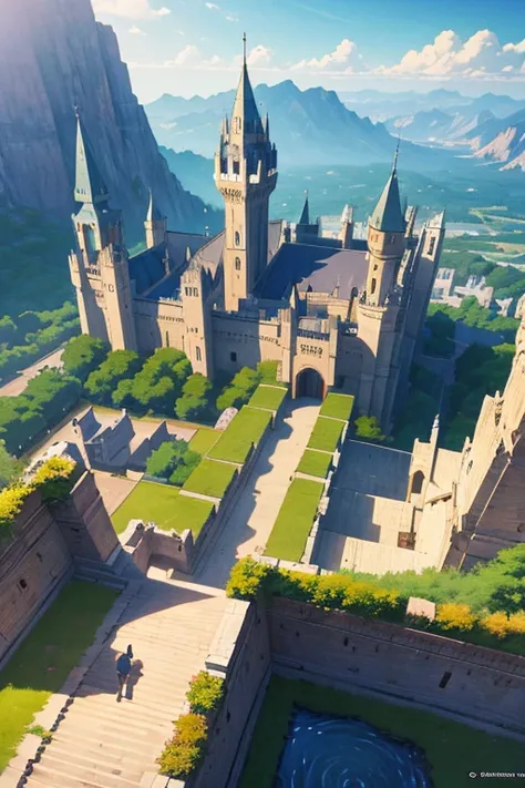 (best quality,highres,masterpiece:1.2),ultra-detailed,realistic,castle,fortress gateway,detailed palace background,anime-style scene,anime background art,birds-eye view,opening scene,anime background visual concept,anime background,in an animated movie,ani...