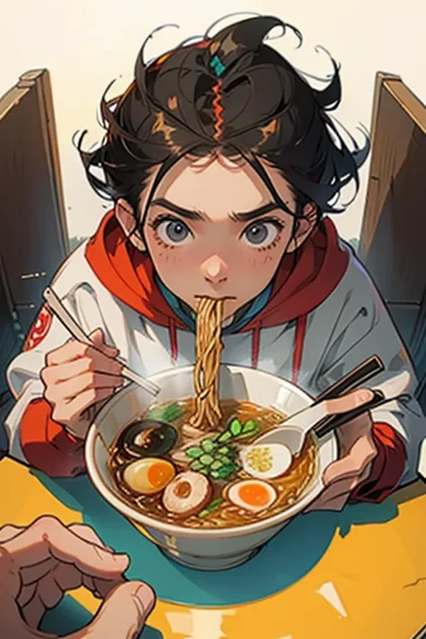 4k, high quality, young man eating ramen, perspective, hand holding chopsticks, clear hands, good hands,food hoodie,forehead,bas...