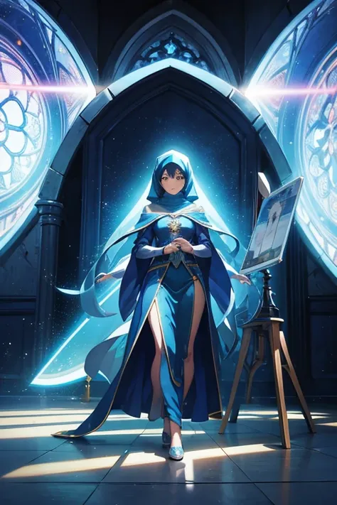 Animation scene of woman wearing blue hijab in library, standing inside a magic library, stand in front, outerspace, screenshot from the anime film, dressed in a blue cloak, Screenshot of the 2012 animation, Another world comics panel, typical anime classr...