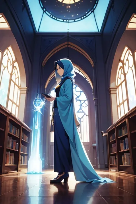 Animation scene of woman wearing blue hijab in library, standing inside a magic library, stand in front, outerspace, screenshot from the anime film, dressed in a blue cloak, Screenshot of the 2012 animation, Another world comics panel, typical anime classr...