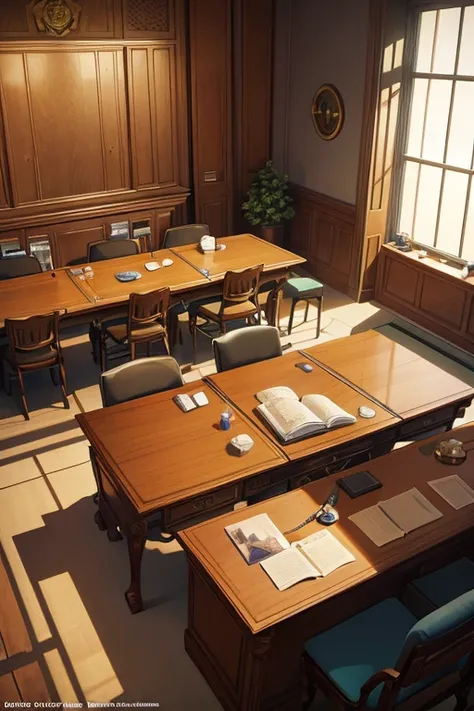 There was a room，There are many books and a blue bird inside, court room, in court, typical anime classroom, court room, Courtroom scene, in court, Screenshot of the 2012 animation, ace attorney style, set in bank vault room, ace attorney, in the throne ro...