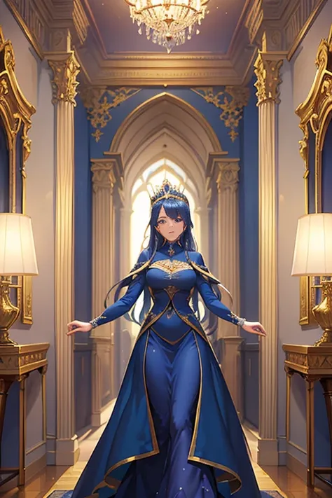 A woman in a blue dress walks along the corridor, exquisitely designed throne room, in the throne room, palace background, throne room, disney 2d animation still, light kingdom backdrop, cathedral background, by disney, inside a palace, frozen Claus film, ...