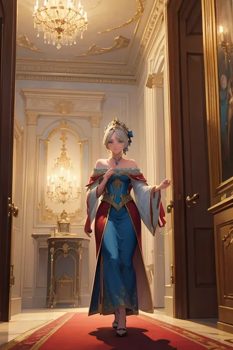 (best quality,4k,8k,highres,masterpiece:1.2), ultra-detailed, (realistic,photorealistic,photo-realistic:1.37), a woman in a beautiful blue dress walking along a corridor, exquisitely designed throne room, palace background, majestic hall, Disney 2D animati...