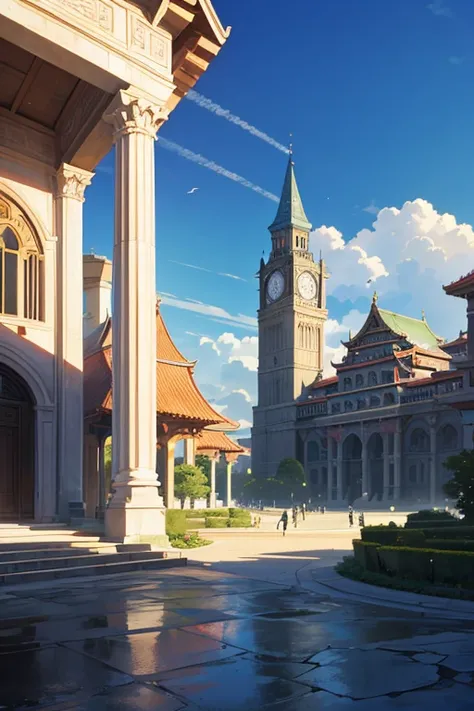 (best quality,4k,8k,highres,masterpiece:1.2),ultra-detailed,(realistic,photorealistic,photo-realistic:1.37),fountain, clock tower, architectural animation scene, palace background, high school background, anime background art, anime background main visual,...