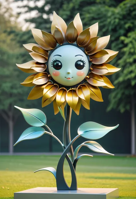 school sculpture，Cute teacher holding sunflower，on the school lawn，full iron，metalictexture，metallic  luster，vectorial art，Soft color palette，abstract sculpture，3D sculpture with abstract light，modern chinese literati，Gradient of color，hierarchical form，Fu...